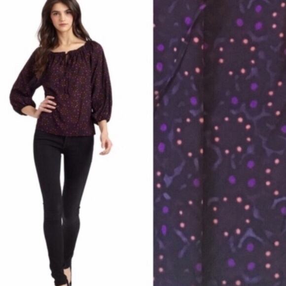 Alice + Olivia | Silk Pattern Blouse Tie Neck Semi-Sheer Purple Plum Small - Picture 1 of 6